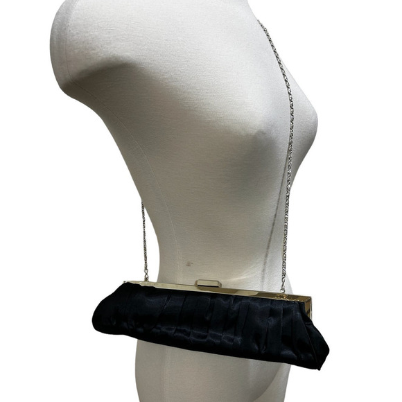 Cache Convertible Black Satin Clutch Bag S Silver Chain Evening Shoulder Purse - Picture 1 of 12
